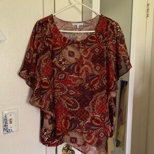 Notations Red and Brown Kimono Sleeve Blouse